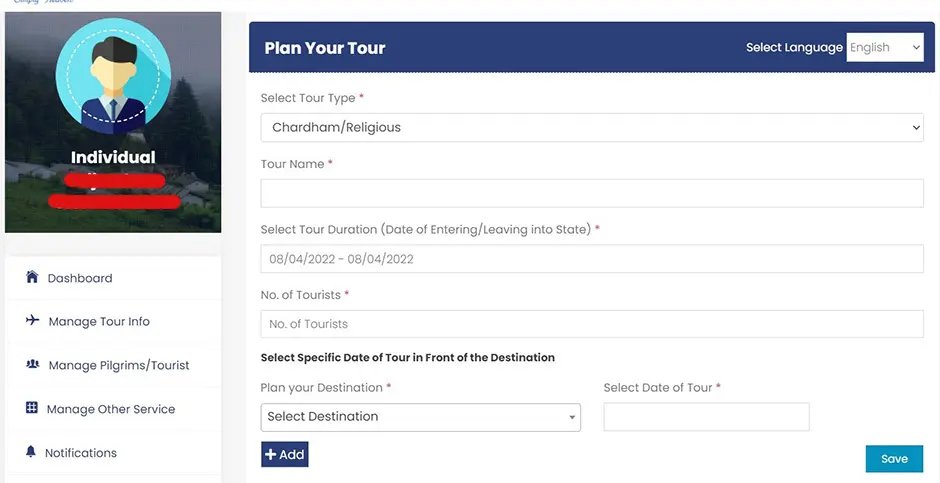 Chardham Yatra Registration fill Tour Plan details