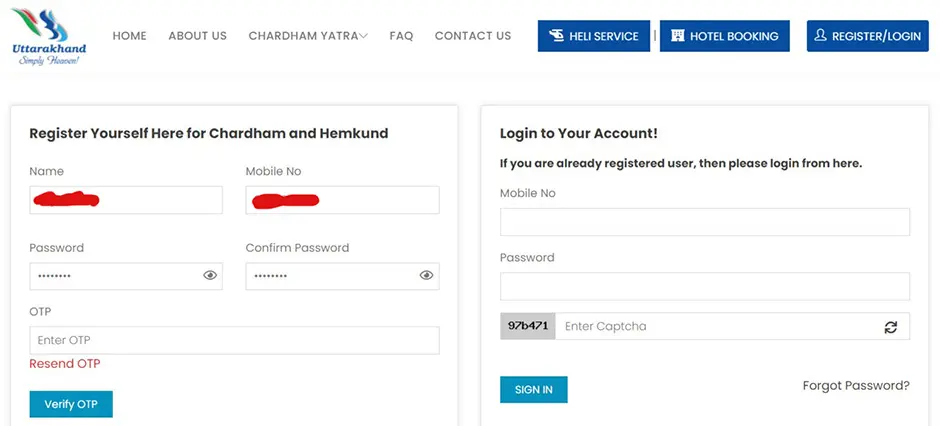 Chardham Registration OTP Verification